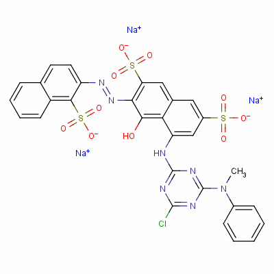 73297-02-6  trisodium 5-[[4-chloro-6-(methylphenylamino)-1,3,5-triazin-2-yl]amino]-4-hydroxy-3-[(1-sulphonato-2-naphthyl)azo]naphthalene-2,7-disulphonate