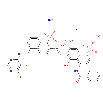 83400-11-7  4-(benzoylamino)-6-[[5-[[(5-chloro-2,6-difluoro-4-pyrimidinyl)amino]methyl]-1-sulpho-2-naphthyl]azo]-5-hydroxynaphthalene-1,7-disulphonic acid, lithium sodium salt