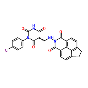 5868-08-6  1-(4-chlorophenyl)-5-{[(1,3-dioxo-1,3,6,7-tetrahydro-2H-indeno[6,7,1-def]isoquinolin-2-yl)amino]methylidene}pyrimidine-2,4,6(1H,3H,5H)-trione