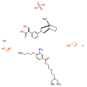 99232-07-2  aluminum; magnesium; 2-(2-diethylaminoethoxy)ethyl 3-amino-4-butoxy-benzoate; 3-hydroxy-2-[3-(8-methyl-8-azabicyclo[3.2.1]octan-3-yl)phenyl]propanoic acid; oxygen(-2) anion; silicon; sulfuric acid; trihydroxide; hydrochloride