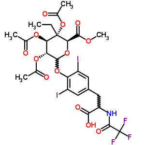 605-72-1  3-(3,5-diiodo-4-{[(3R,4R,5S,6S)-3,4,5-tris(acetyloxy)-5-ethyl-6-(methoxycarbonyl)tetrahydro-2H-pyran-2-yl]oxy}phenyl)-2-[(trifluoroacetyl)amino]propanoic acid (non-preferred name)