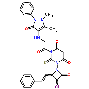 151921-16-3  1-{3-chloro-2-oxo-4-[(E)-2-phenylethenyl]azetidin-1-yl}-3-[N-(1,5-dimethyl-3-oxo-2-phenyl-2,3-dihydro-1H-pyrazol-4-yl)glycyl]-2-thioxodihydropyrimidine-4,6(1H,5H)-dione