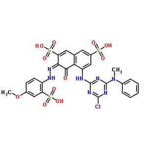 65277-38-5  (3E)-5-({4-chloro-6-[methyl(phenyl)amino]-1,3,5-triazin-2-yl}amino)-3-[(4-methoxy-2-sulfophenyl)hydrazono]-4-oxo-3,4-dihydronaphthalene-2,7-disulfonic acid