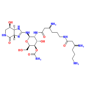 1366-50-3;3776-38-3  2-{[(3S)-3-amino-6-{[(3S)-3,6-diaminohexanoyl]amino}hexanoyl]amino}-4-O-carbamoyl-2-deoxy-N-[(3aS,7R,7aS)-7-hydroxy-4-oxo-3a,4,5,6,7,7a-hexahydro-1H-imidazo[4,5-c]pyridin-2-yl]-beta-D-gulopyranosylamine