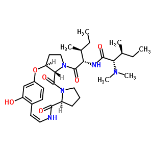 55839-64-0  (3aS,9Z,12aS,17aS)-1-(N,N-dimethyl-L-isoleucyl-L-isoleucyl)-7-hydroxy-12,17-dioxo-1,2,3,3a,11,12,12a,13,14,15,17,17a-dodecahydro-5,8-ethenodipyrrolo[3,2-b:1',2'-e][1,5,8]oxadiazacyclotetradecine