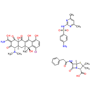 60281-90-5  (2Z,4S,4aS,5aS,6S,12aS)-2-(amino-hydroxy-methylene)-7-chloro-4-dimethylamino-6,10,11,12a-tetrahydroxy-6-methyl-4,4a,5,5a-tetrahydrotetracene-1,3,12-trione; 4-amino-N-(4,6-dimethylpyrimidin-2-yl)benzenesulfonamide; (2S,5R,6R)-3,3-dimethyl-7-oxo-6-[(2-pheny