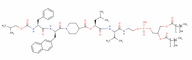 159440-09-2  2,3-dihexadecanoyloxypropoxy-[2-[[(2S)-3-methyl-2-[[(2S)-4-methyl-2-[1 -[(2R)-2-[[(2S)-2-(2-methylpropoxycarbonylamino)-3-phenyl-propanoyl]am ino]-3-naphthalen-2-yl-propanoyl]piperidine-4-carbonyl]oxy-pentanoyl]a mino]butanoyl]amino]ethoxy]phosphinic acid