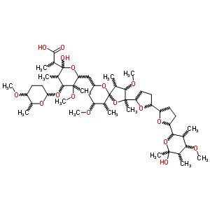 12750-79-7;43110-10-7  2-{2-hydroxy-6-({2-[5'-(6-hydroxy-4-methoxy-3,5,6-trimethyltetrahydro-2H-pyran-2-yl)octahydro-2,2'-bifuran-5-yl]-3,9-dimethoxy-2,4,10-trimethyl-1,6-dioxaspiro[4.5]dec-7-yl}methyl)-5-methoxy-4-[(5-methoxy-6-methyltetrahydro-2H-pyran-2-yl)oxy]-3,5-dimethylt