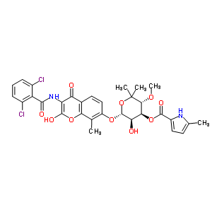 23697-71-4  (3R,4S,5R,6R)-6-({3-[(2,6-dichlorobenzoyl)amino]-2-hydroxy-8-methyl-4-oxo-4H-chromen-7-yl}oxy)-5-hydroxy-3-methoxy-2,2-dimethyltetrahydro-2H-pyran-4-yl 5-methyl-1H-pyrrole-2-carboxylate (non-preferred name)