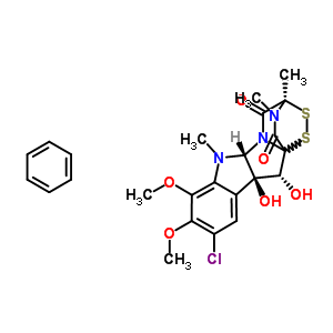 5542-01-8  (3R,5aR,10bS,11R)-9-chloro-10b,11-dihydroxy-7,8-dimethoxy-2,3,6-trimethyl-2,3,5a,6,10b,11-hexahydro-3,11a-epidithiopyrazino[1',2':1,5]pyrrolo[2,3-b]indole-1,4-dione - benzene (1:1)