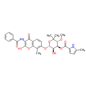 25367-73-1  (3R,4S,5R,6R)-6-{[3-(benzoylamino)-2-hydroxy-8-methyl-4-oxo-4H-chromen-7-yl]oxy}-5-hydroxy-3-methoxy-2,2-dimethyltetrahydro-2H-pyran-4-yl 5-methyl-1H-pyrrole-2-carboxylate (non-preferred name)