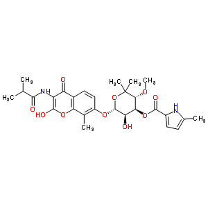 26413-85-4  (3R,4S,5R,6R)-5-hydroxy-6-({2-hydroxy-8-methyl-3-[(2-methylpropanoyl)amino]-4-oxo-4H-chromen-7-yl}oxy)-3-methoxy-2,2-dimethyltetrahydro-2H-pyran-4-yl 5-methyl-1H-pyrrole-2-carboxylate (non-preferred name)