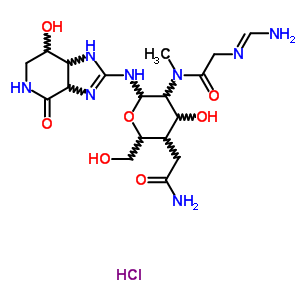35015-68-0  2-{[(E)-N-(aminomethylidene)glycyl](methyl)amino}-4-(2-amino-2-oxoethyl)-2,4-dideoxy-N-(7-hydroxy-4-oxo-3a,4,5,6,7,7a-hexahydro-1H-imidazo[4,5-c]pyridin-2-yl)hexopyranosylamine hydrochloride (1:1)