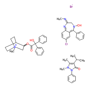 76404-05-2  7-chloro-4-hydroxy-N-methyl-5-phenyl-3H-1,4-benzodiazepin-2-imine; 4-isopropyl-1,5-dimethyl-2-phenyl-pyrazol-3-one; (1-methylquinuclidin-1-ium-3-yl) 2-hydroxy-2,2-diphenyl-acetate; bromide