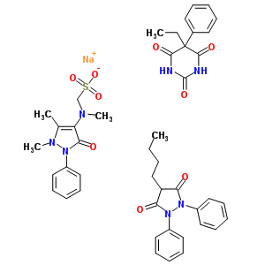 77306-13-9  sodium; 4-butyl-1,2-diphenyl-pyrazolidine-3,5-dione; [(1,5-dimethyl-3-oxo-2-phenyl-pyrazol-4-yl)-methyl-amino]methanesulfonate; 5-ethyl-5-phenyl-hexahydropyrimidine-2,4,6-trione