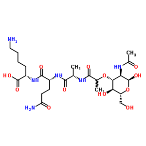 59275-09-1  (2S)-2-{[(2R)-2-({(2S)-2-[(2-{[(2S,3R,4R,5S,6R)-3-(acetylamino)-2,5-dihydroxy-6-(hydroxymethyl)tetrahydro-2H-pyran-4-yl]oxy}propanoyl)amino]propanoyl}amino)-5-amino-5-oxopentanoyl]amino}-6-aminohexanoic acid (non-preferred name)