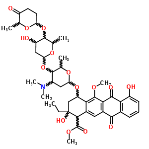 76264-92-1  methyl 2-ethyl-2,7-dihydroxy-5-methoxy-6,11-dioxo-4-({2,3,6-trideoxy-4-O-[2,6-dideoxy-4-O-(6-methyl-5-oxotetrahydro-2H-pyran-2-yl)hexopyranosyl]-3-(dimethylamino)hexopyranosyl}oxy)-1,2,3,4,6,11-hexahydrotetracene-1-carboxylate