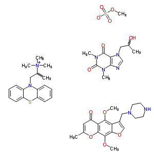 77416-69-4  4,9-dimethoxy-7-methyl-3-(piperazin-1-ylmethyl)furo[3,2-g]chromen-5-one; 7-(2-hydroxypropyl)-1,3-dimethyl-purine-2,6-dione; methyl sulfate; trimethyl-(1-methyl-2-phenothiazin-10-yl-ethyl)ammonium