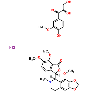 76404-10-9  (3S)-6,7-dimethoxy-3-[(5R)-4-methoxy-6-methyl-5,6,7,8-tetrahydro[1,3]dioxolo[4,5-g]isoquinolin-5-yl]-2-benzofuran-1(3H)-one - 1-(4-hydroxy-3-methoxyphenyl)propane-1,2,3-triol hydrochloride (1:1:1)