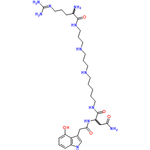 117306-99-7  N~1~-[5-({3-[(3-{[N~5~-(diaminomethylidene)ornithyl]amino}propyl)amino]propyl}amino)pentyl]-N~2~-[(4-hydroxy-1H-indol-3-yl)acetyl]aspartamide