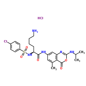 149575-57-5  N~2~-[(4-chlorophenyl)sulfonyl]-N-[5-methyl-4-oxo-2-(propan-2-ylamino)-4H-3,1-benzoxazin-7-yl]-L-lysinamide hydrochloride (1:1)