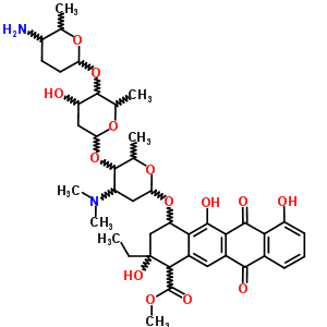 76439-76-4;76496-82-7  methyl 4-({4-O-[4-O-(5-amino-6-methyltetrahydro-2H-pyran-2-yl)-2,6-dideoxyhexopyranosyl]-2,3,6-trideoxy-3-(dimethylamino)hexopyranosyl}oxy)-2-ethyl-2,5,7-trihydroxy-6,11-dioxo-1,2,3,4,6,11-hexahydrotetracene-1-carboxylate